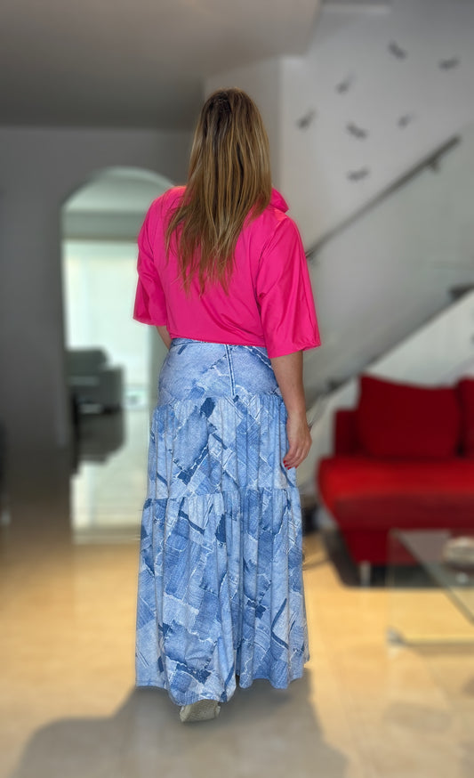 Mix Denim Maxy Skirt