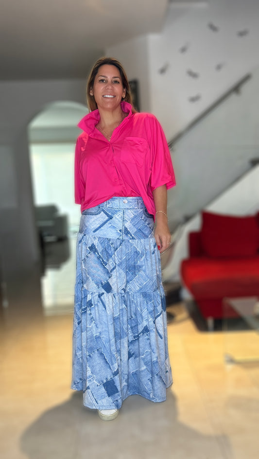 Mix Denim Maxy Skirt